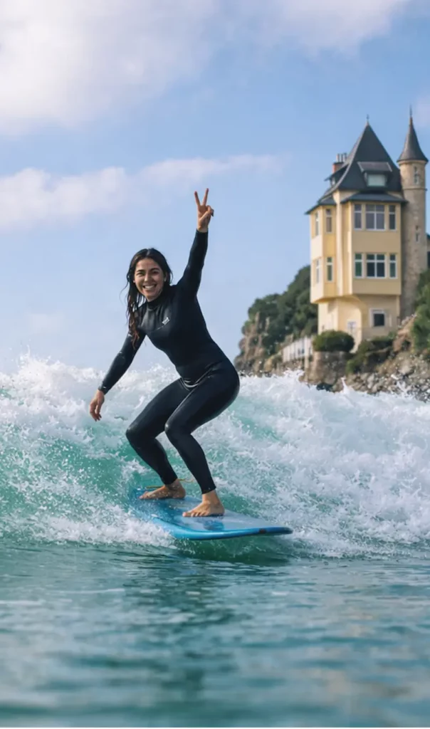 Élève en cours de surf à Biarritz surfant une vague devant la Villa Belza sur la Côte des basques